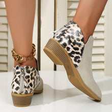 Load image into Gallery viewer, Women's Leopard Print Chunky Heel Boots | Pointed Toe Back Zipper Suede