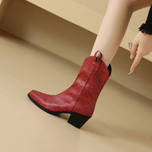 Load image into Gallery viewer, Women's Retro Square Toe V-Cut Mid-Calf Chunky Heel Boots | Synthetic PU | Sizes EU 34–43