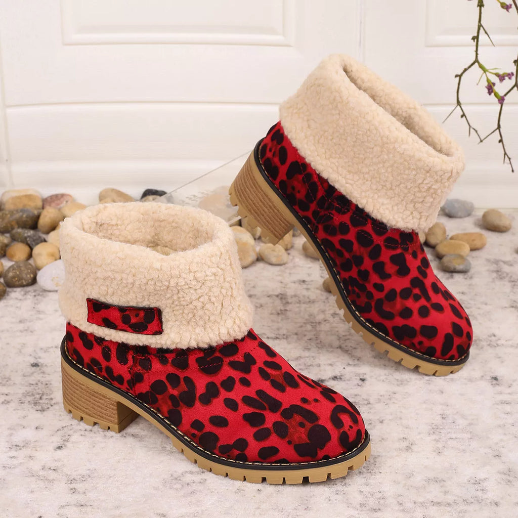 Women's Leopard Print Plush Lined Boots | Mid Heel Slip-On Suede Boots with Warm Faux Fur Lining