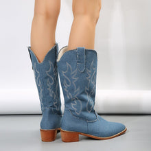 Load image into Gallery viewer, Women's Plus-Size Mid-Calf Western Boots – Blue Denim Embroidery Square Heel