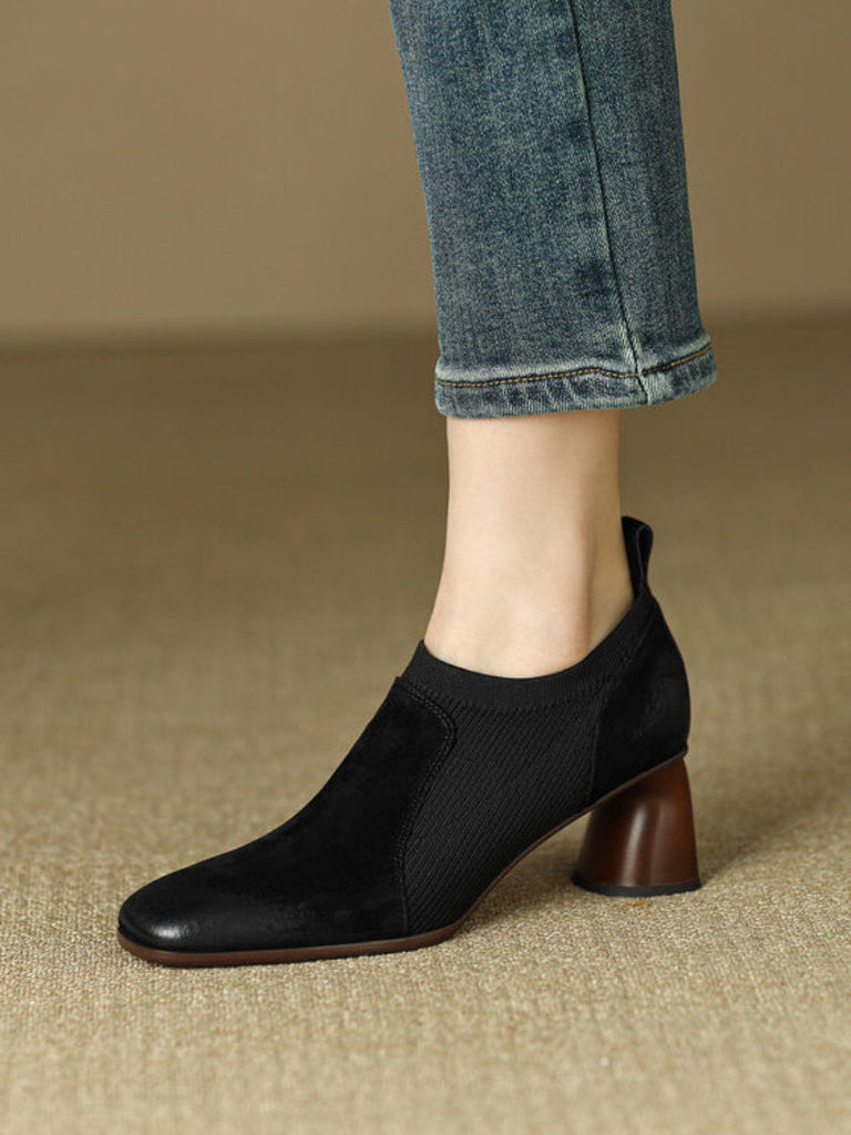 Women's Square Toe Chunky Heel Slip-On Pumps | Knitted Patchwork Leather High Heels | Black & Brown