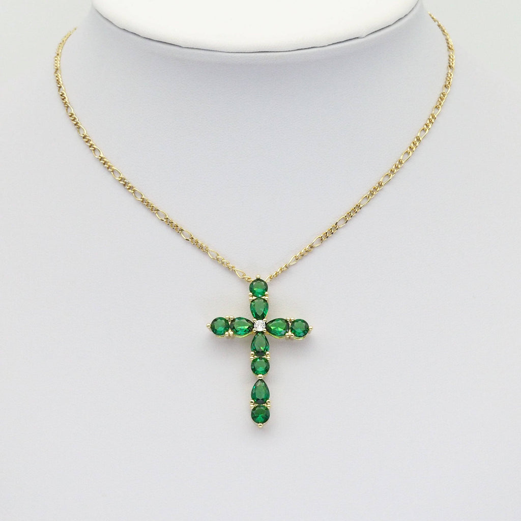 Green Teardrop CZ Gold Cross Charm, Sku#LX356