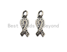 Load image into Gallery viewer, Rhidium CZ Micro Pave Breast Cancer Awareness Ribbon Charm, AIDS Care Cubic Zirconia Pendant Charm, Antique Silver Color, 6x16mm,sku#X117