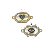 Load image into Gallery viewer, Gold Cobalt CZ Evil Eye Heart Connector Charm, Sku#LK715