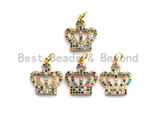 Load image into Gallery viewer, CZ Colorful Micro Pave Royal Crown Charm Pendant, Crown Shaped Pave Pendant, Gold plated, 17x15mm, Sku#F837