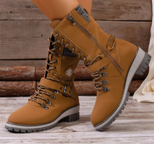 Load image into Gallery viewer, Women's Lace-Up Ankle Combat Boots – PU Leather Low Heel Military Style