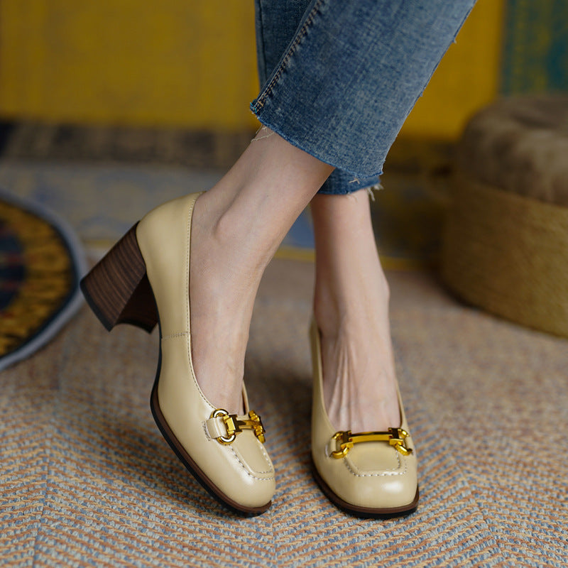 Women's Retro Square Toe Chunky Heel Pumps - French Style Block Heel Shoes