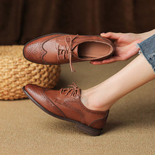 Load image into Gallery viewer, Women's British-Style Lace-Up Peep-Toe Oxford Shoes | Wax Cowhide Leather Flats