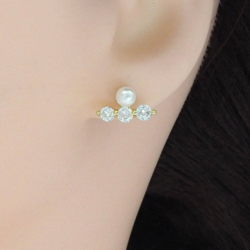 Pearl Gold Clear CZ Bar Stud Earrings, Sku#LD477