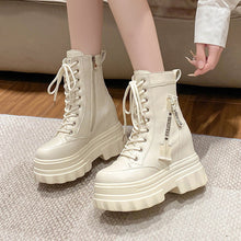 Load image into Gallery viewer, Women's High-Top Ankle Boots | Chunky Heel Side Zipper Lace-Up | Non-Slip Rubber Sole | Black &amp; Beige