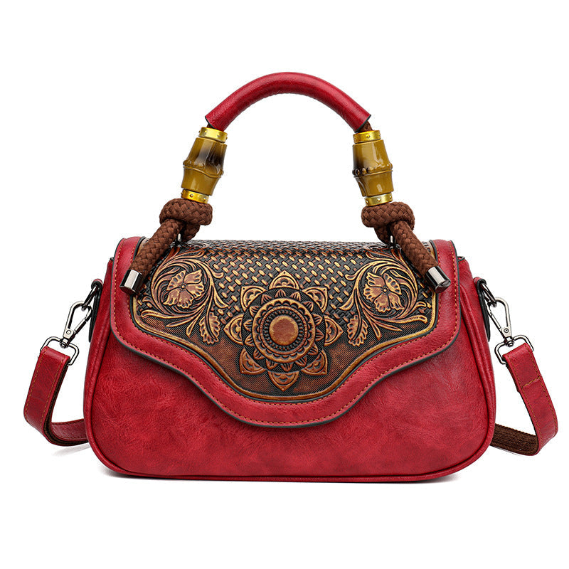 Handcrafted Leather-Embossed Retro Crossbody Bag - Floral Design Women's Shoulder Bag