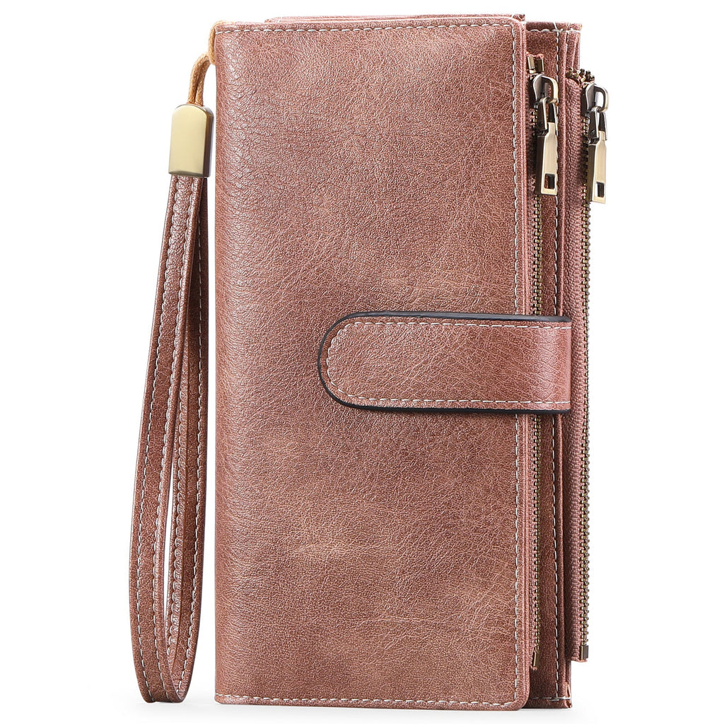 Women's Vintage Tri-Fold Wallet with RFID Protection - Oil Wax Leather Long Purse