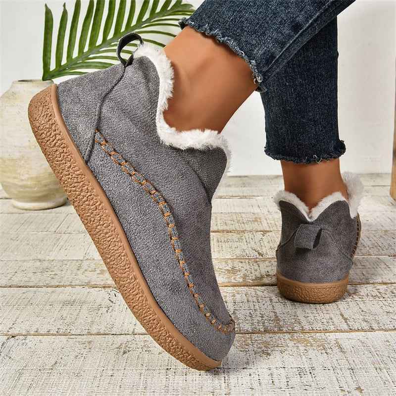 Women's V-Cut Plush Ankle Boots | Winter Warm Flat Snow Boots | Suede Faux Fur Lined