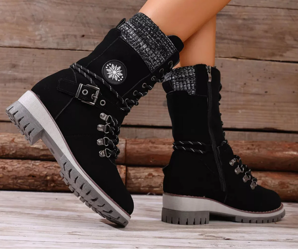 Women's Lace-Up Ankle Combat Boots – PU Leather Low Heel Military Style