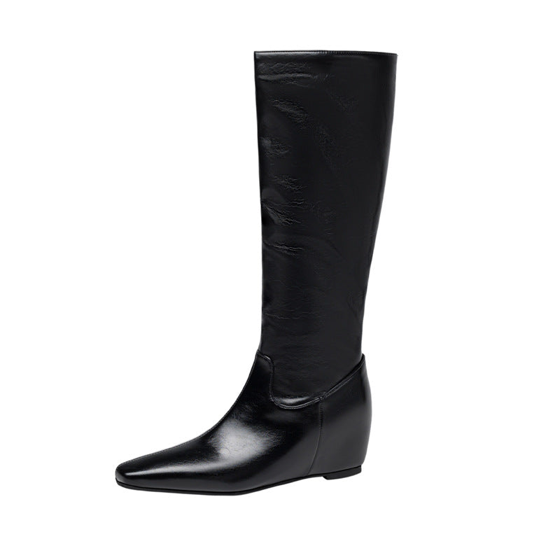 Women's Winter Wedge Heel Pointed-Toe Boots | Slip-On Elegant Shoes | Black & Beige
