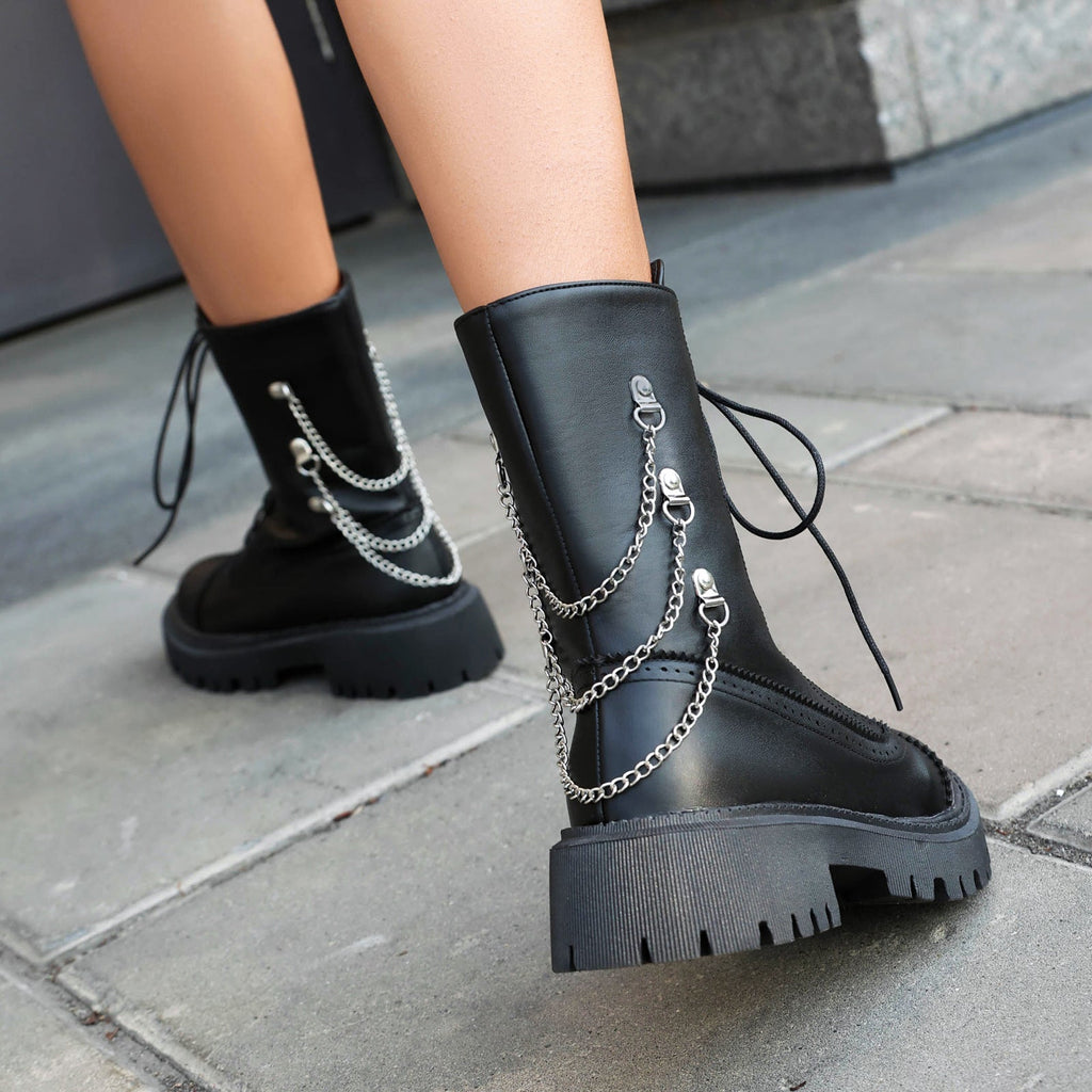 Women's Chunky Heel Mid-Calf Lace-Up Boots | Square Toe Dr. Martens Style | Sizes 35–42