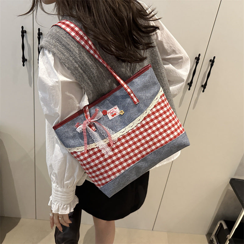 Korean Lace-Trim Color-Block Plaid Tote Bag