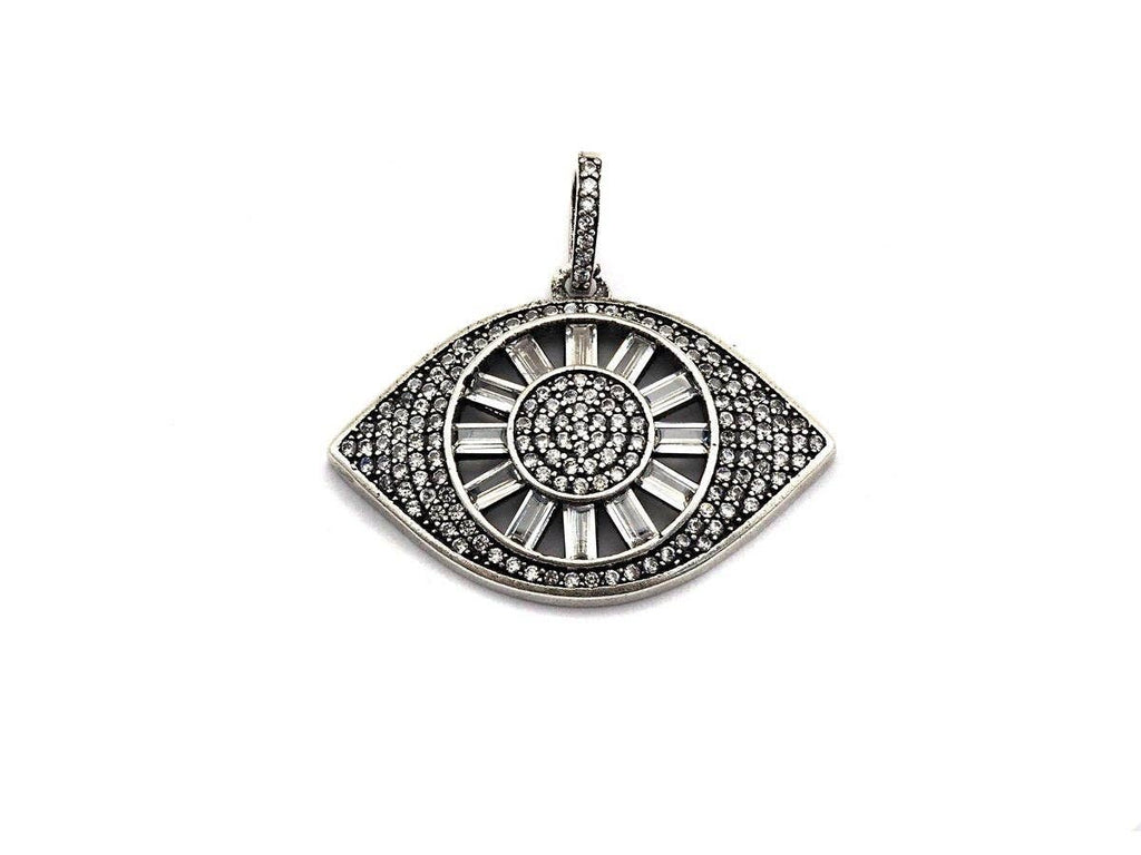 CZ Micro Pave Evil Eye Pendant, Antique Silver Tone, Clear Cubic Zirconia Big Pave Evil Eye Charm Pendant, 33x24sku#F981