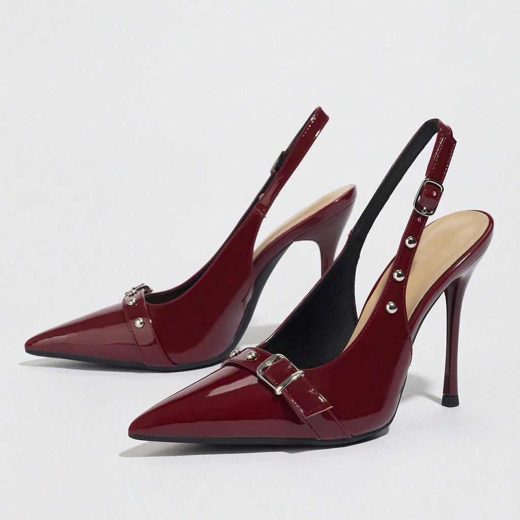 Women's Pointed-Toe Stiletto Heels | Synthetic Leather Buckle Rivet Heels