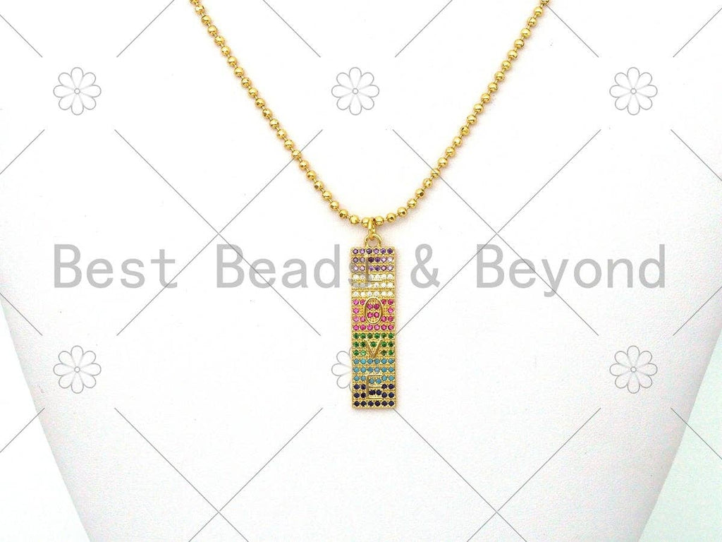 Colorful CZ Micro Pave Love Word On Long Rectangle Bar Shape Pendant, 18K Gold Filled Love Charm, Necklace Bracelet Pendant,9x37mm,Sku#LD137