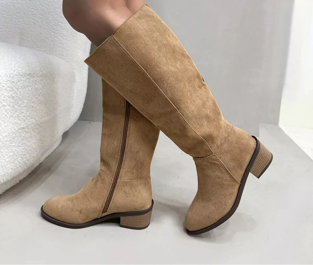 Women's Suede Knee-High Boots | Side Zipper Mid-Heel | Knee High Boots for Women