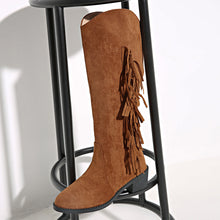 Load image into Gallery viewer, Suede Over-the-Knee Tassel Boots – Women's Brown Chunky Heel Slip-On
