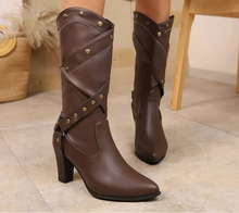 Load image into Gallery viewer, Women's Riveted Criss-Cross Strap Heeled Boots – Edgy High Heel Ankle Boots