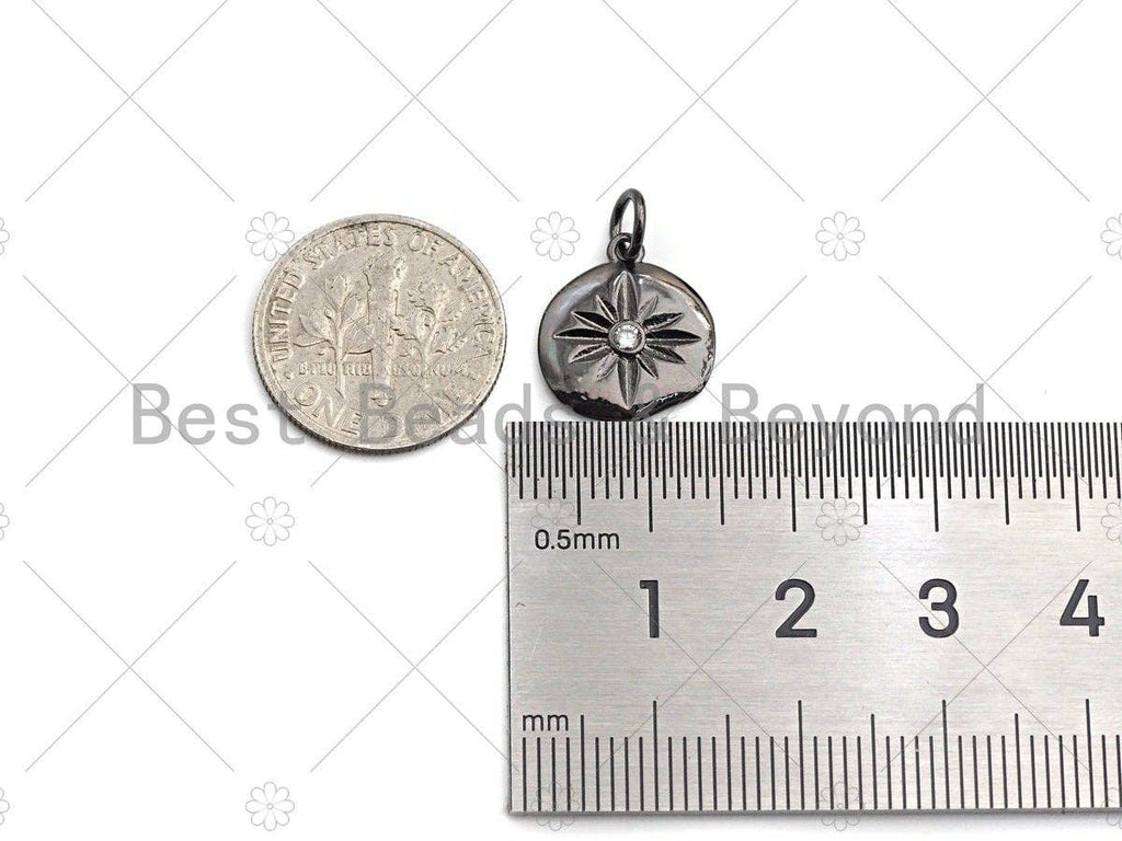 Clear CZ Micro Pave North Star Coin Pendant/Charm,Star Cubic Zirconia Pendant, Silver/Gold /Rose Gold/Black Tone, 13x14mm,Sku#F1169