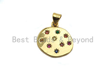 Load image into Gallery viewer, Colorful Star CZ Micro Pave Flat Round Pendant, CZ Pave Pendant, Gold/Rose Gold/Silver/Gunmetal plated, 35x50mm, Sku#F807