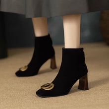 Load image into Gallery viewer, Women's Retro Chunky Heel Short Boots – Square Toe, Metal Buckle &amp; Side Zipper | Suede Upper