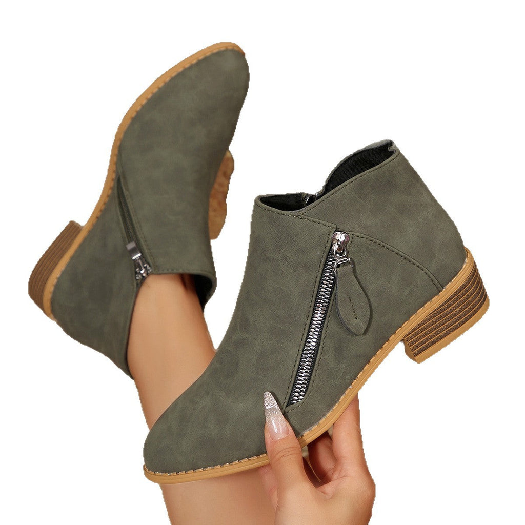 Women's Chunky Heel Pointed-Toe Ankle Boots – Side Zipper, PU Leather, Multi-Color