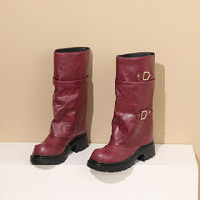 Load image into Gallery viewer, Women's Retro Multi-Layer Buckle Boots – Suede High-Top Boots with Stacked Buckle Detail