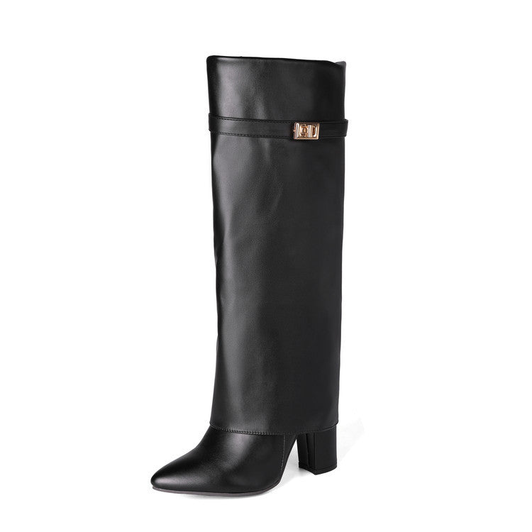 Women's Pointed-Toe High-Shaft Mid-Calf Boots with Metal Buckles | Chunky Heel Side Zipper