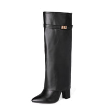 Load image into Gallery viewer, Women's Pointed-Toe High-Shaft Mid-Calf Boots with Metal Buckles | Chunky Heel Side Zipper
