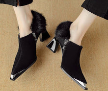 Load image into Gallery viewer, Women's Retro Pointed-Toe Chunky Heel Suede Boots with Side Zipper | Black &amp; Brown