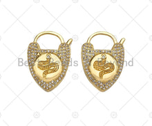 Load image into Gallery viewer, CZ Micro Pave Snake Padlock Heart Clasp Charms, Snake CZ On Padlock Clasp, Gold snake lock, Padlock Necklace Charms, 17x25mm, Sku#K163