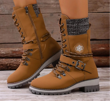 Load image into Gallery viewer, Women's Lace-Up Ankle Combat Boots – PU Leather Low Heel Military Style