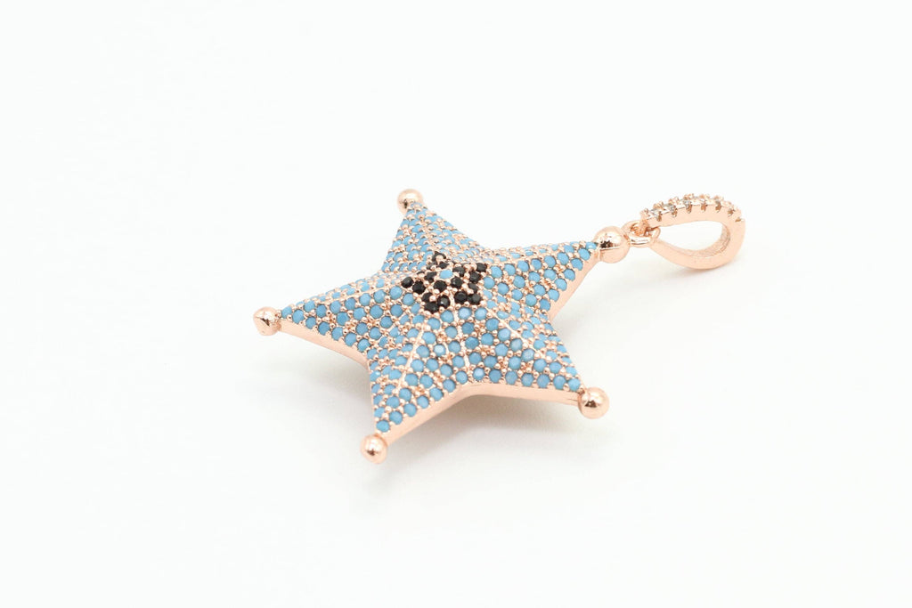 CZ Micro Pave 28x36mm Turquoise Star Pendant/Charm, Cubic Zirconia Pendant/Charm for Necklace Bracelet, Fashion Jewelry Findings, sku#F5