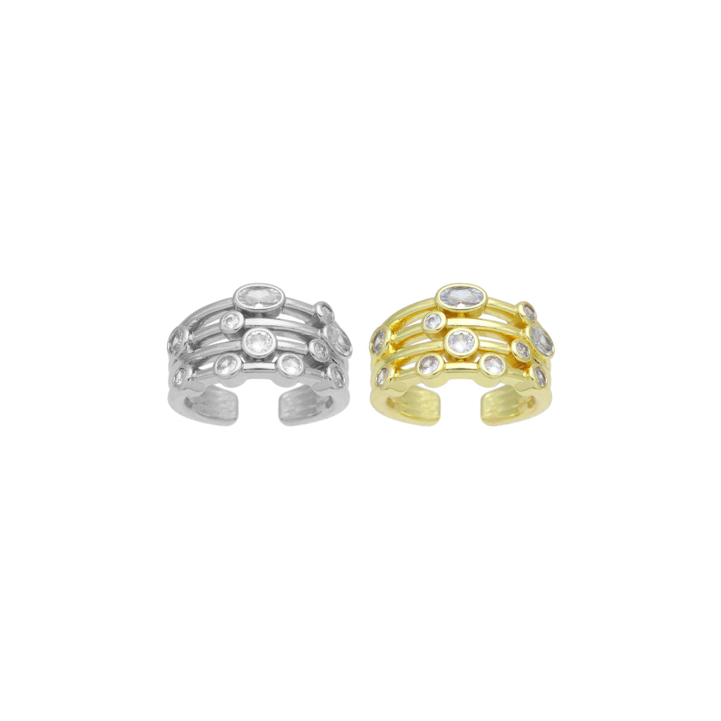Gold Silver Oval CZ Multiline oval stone Adjustable Ring, Sku#A316