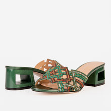 Load image into Gallery viewer, The Palma Green Glitter Leather Block Heel Women Sandal