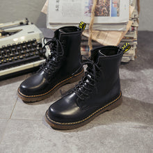 Load image into Gallery viewer, Women's Chunky Lace-Up Dr Martens-Style Boots – Round Toe, Mid-Heel, Black PU Leather