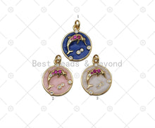 Load image into Gallery viewer, CZ Micro Pave Dolphin On Enamel Round Coin Shape Pendant,18K Gold Filled Dolphin Charm, Necklace Bracelet Charm Pendant, Sku#JD16