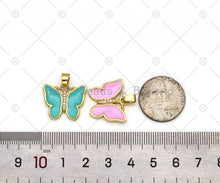Load image into Gallery viewer, CZ Micro Pave Enamel Colorful Butterfly with Rose flower on Back Side Shape Pendant, 18K Gold FilledButterfly Charm,Sku#FH182