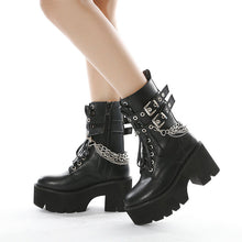 Load image into Gallery viewer, Women's Chunky Heel Platform Boots Side Zip Rivet Belt Buckle Mid-Calf Boots