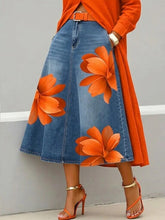 Load image into Gallery viewer, Women's Floral Print A-Line Midi Skirt – Denim-Style Boho Skirt