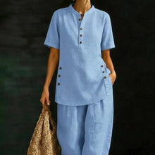 Load image into Gallery viewer, Three-Quarter Sleeve Shirt &amp; Wide-Leg Pants Two-Piece Set – Solid Color Casual