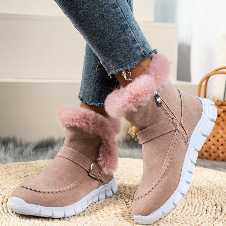 Women's Winter Snow Boots - Warm Plush Ankle Boots with Buckle Design