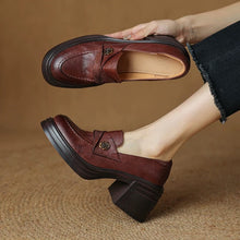 Load image into Gallery viewer, Vintage Chunky-Heeled Leather Shoes for Women - Round Toe Slip-On Dress Shoes