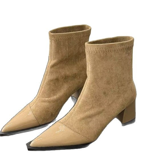 Women's Chunky Heel Pointed Toe Slip-On Boots | Microfiber Leather | Low Heel Ankle Boots