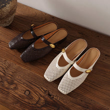 Load image into Gallery viewer, Women's Sheepskin Mary Jane Mules | Perforated Square Toe Low Block Heel Slides